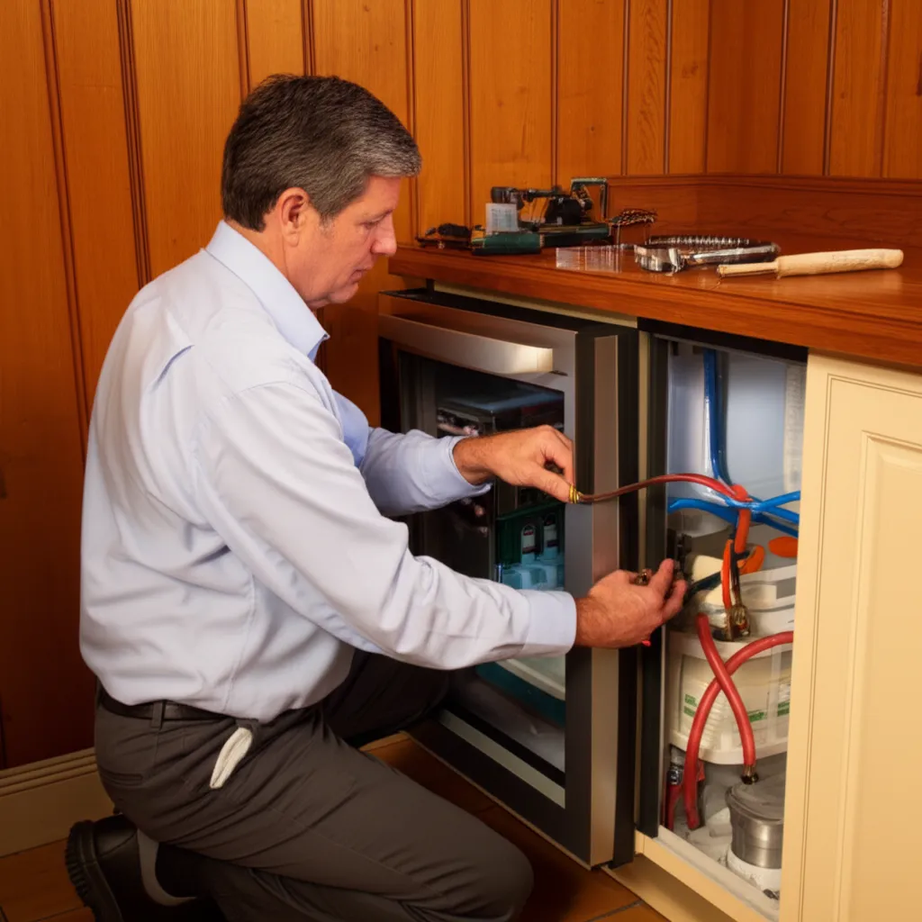 A person kneeling at the opened lower machine compartment of a wood-panelled built-in unit, copper and coloured lines exposed