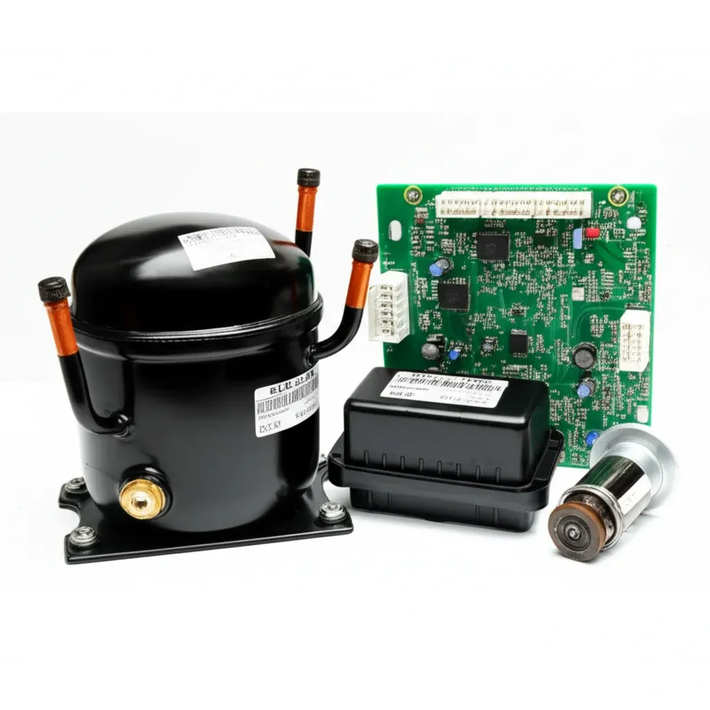 A black compressor, a green control board, a moulded relay housing and a small motor arranged on a plain white background
